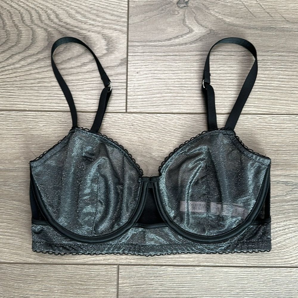 Victorious Secret Unlined Balconet‎ Sheer Black Shimmer Bra Size 32DD